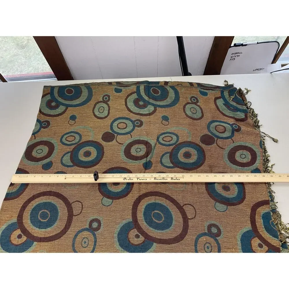 Pashmina Cashmere Silk Scarf Brown Teal Geometric Circles Wrap 64